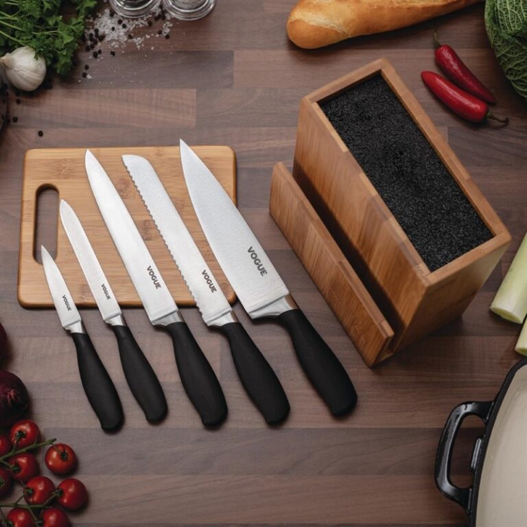 Ensemble de 5 couteaux Soft-Grip Vogue Prep Like A Pro avec bloc couteaux et planche à découper