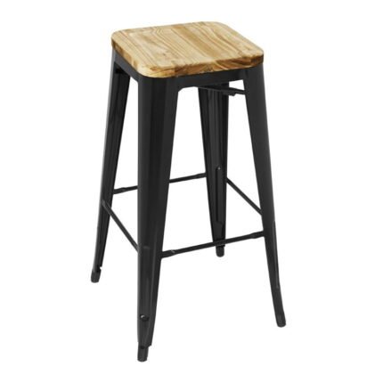 Tabouret bistro haut en acier noir avec assise en bois Bolero lot de 4, easy chr