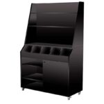 Desserte de service professionnelle large en bois noir, avec service haut, 5 emplacements pour couverts et porte de rangement - easychr.com
