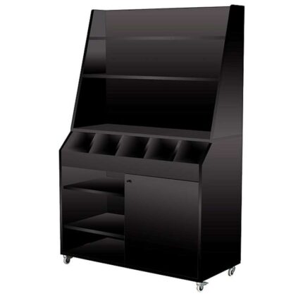 Desserte de service professionnelle large en bois noir, avec service haut, 5 emplacements pour couverts et porte de rangement - easychr.com