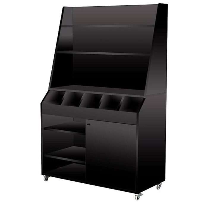 Desserte de service professionnelle large en bois noir, avec service haut, 5 emplacements pour couverts et porte de rangement - easychr.com