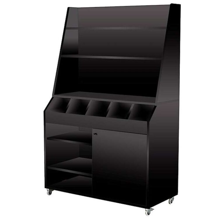 Desserte de service professionnelle large en bois noir, avec service haut, 5 emplacements pour couverts et porte de rangement - easychr.com