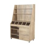 Desserte de service professionnelle large en bois clair, avec service haut, 5 emplacements pour couverts et grand placard de rangement - easychr.com
