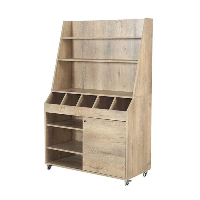 Desserte de service professionnelle large en bois clair, avec service haut, 5 emplacements pour couverts et grand placard de rangement - easychr.com