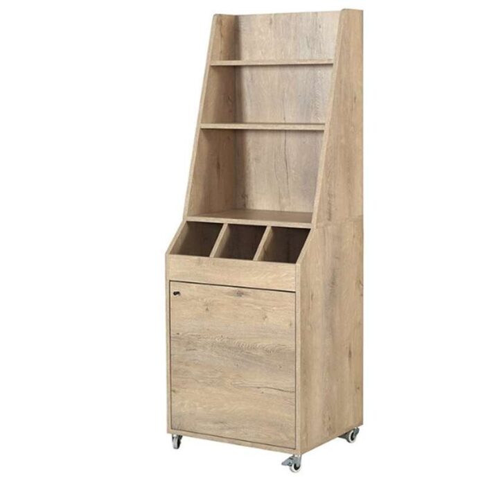 Desserte de service professionnelle compacte finition chêne clair, avec service haut, rangements pour couverts et porte - easychr.com