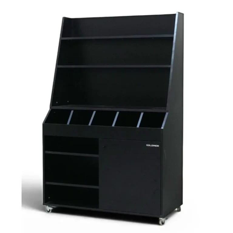 Desserte de service large noire 1100x510x1500mm GOLDINOX avec service haut et 5 bacs à couverts