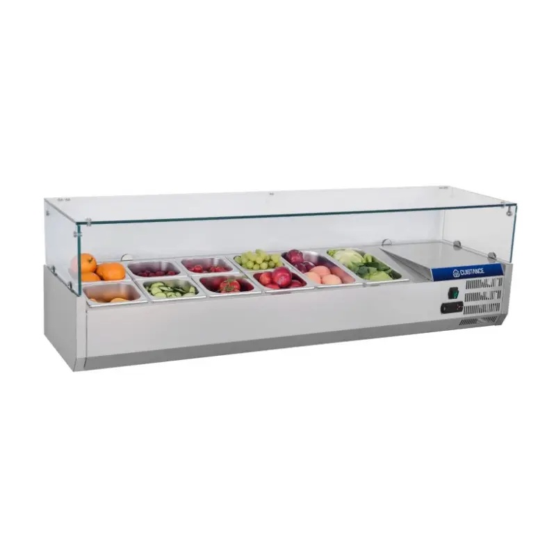 Présentoir à ingrédients réfrigéré inox de 1800 mm avec 8 bacs GN 1/3