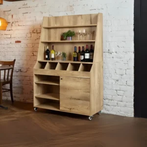 Desserte de service large bois clair GOLDINOX avec service haut, en situation dans un bar à vin