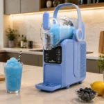 Machine à granita bleue GOLDINOX MLA503 en situation, cocktails glacés sur comptoir