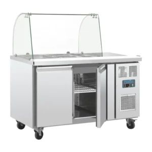 Comptoir de préparation réfrigéré Polar CT393 vue de face avec bacs GN