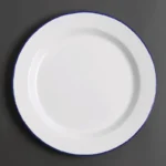 Assiettes plates en acier émaillé Olympia 300 mm blanches à bord bleu, lot de 6