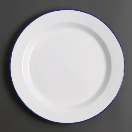 Assiettes plates en acier émaillé Olympia 300 mm blanches à bord bleu, lot de 6