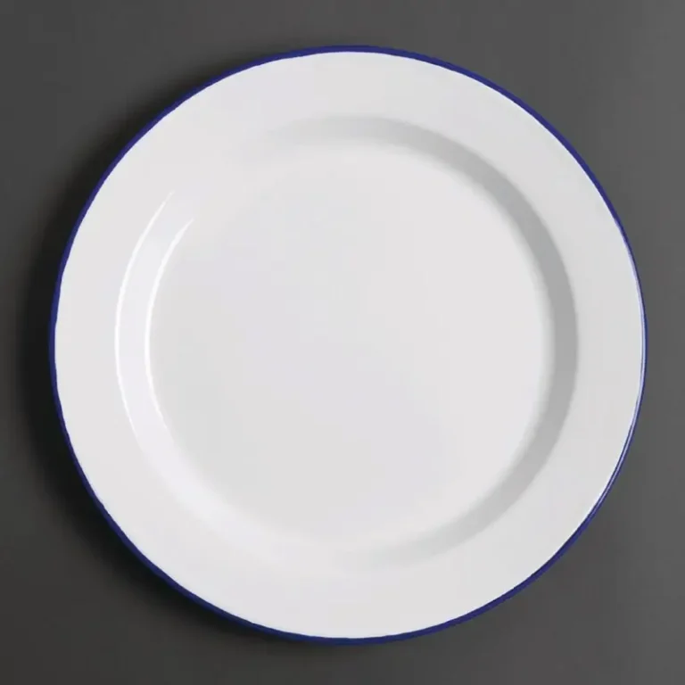 Assiettes plates en acier émaillé Olympia 300 mm blanches à bord bleu, lot de 6