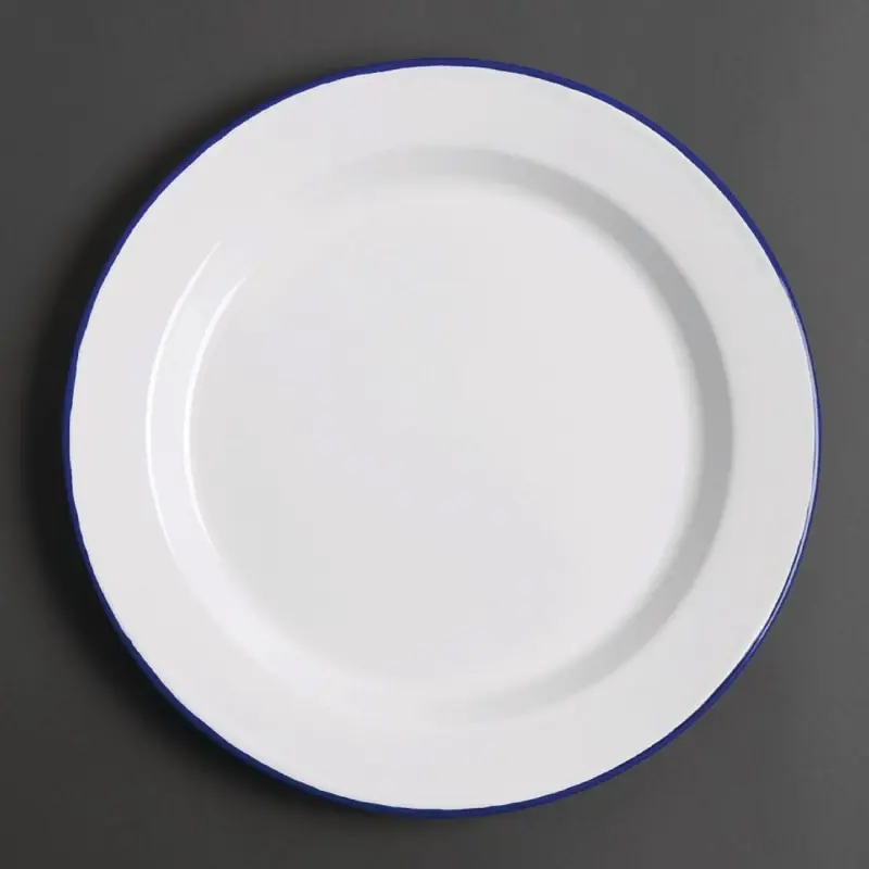 Assiettes plates en acier émaillé Olympia 300 mm blanches à bord bleu, lot de 6 Assiettes plates en acier émaillé Olympia 300 mm blanches à bord bleu, lot de 6