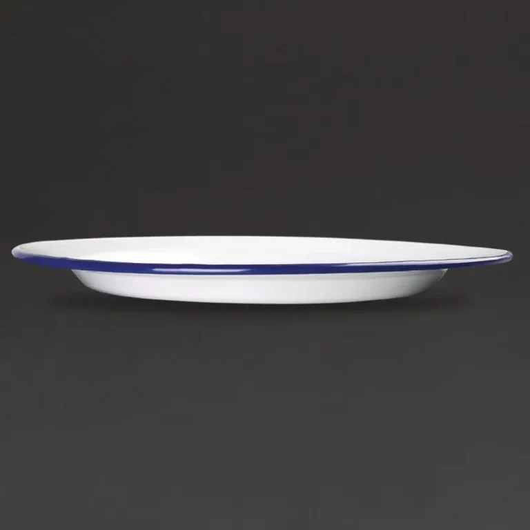 Assiettes plates en acier émaillé Olympia 300 mm blanches à bord bleu, lot de 6