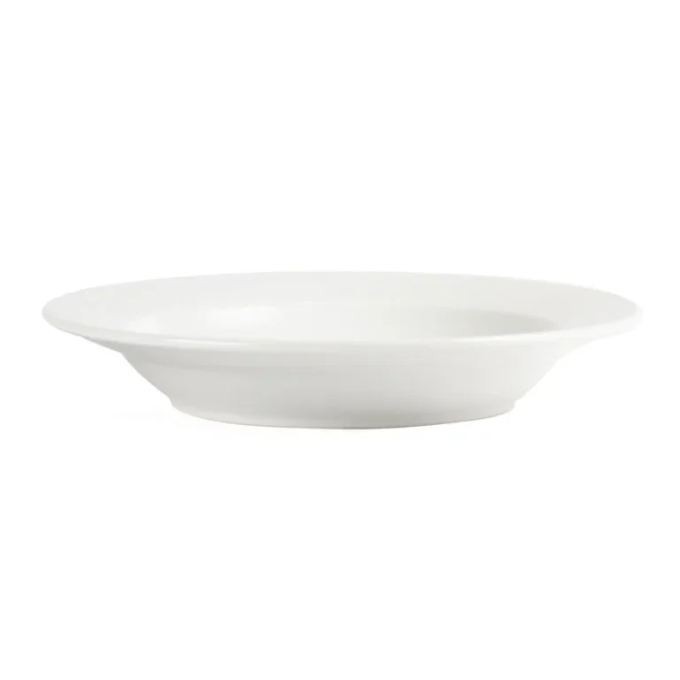Assiette creuse Olympia blanche de 270 mm en porcelaine, vue de trois quarts