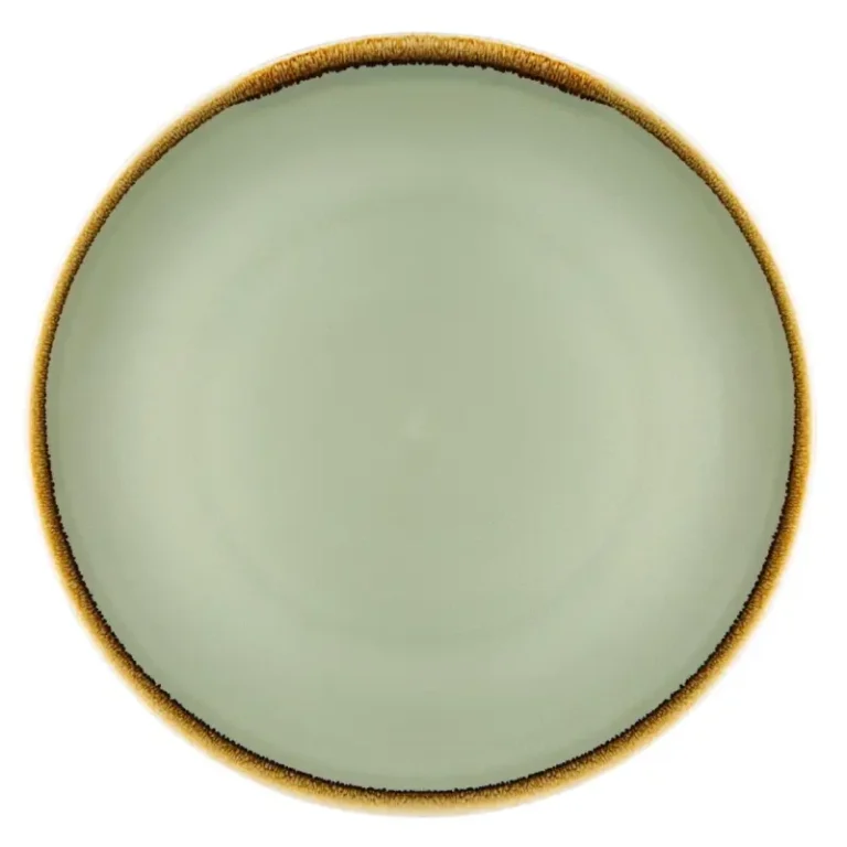 Assiettes plates rondes Olympia Kiln coloris mousse 280 mm en porcelaine à bord peint main, lot de 4