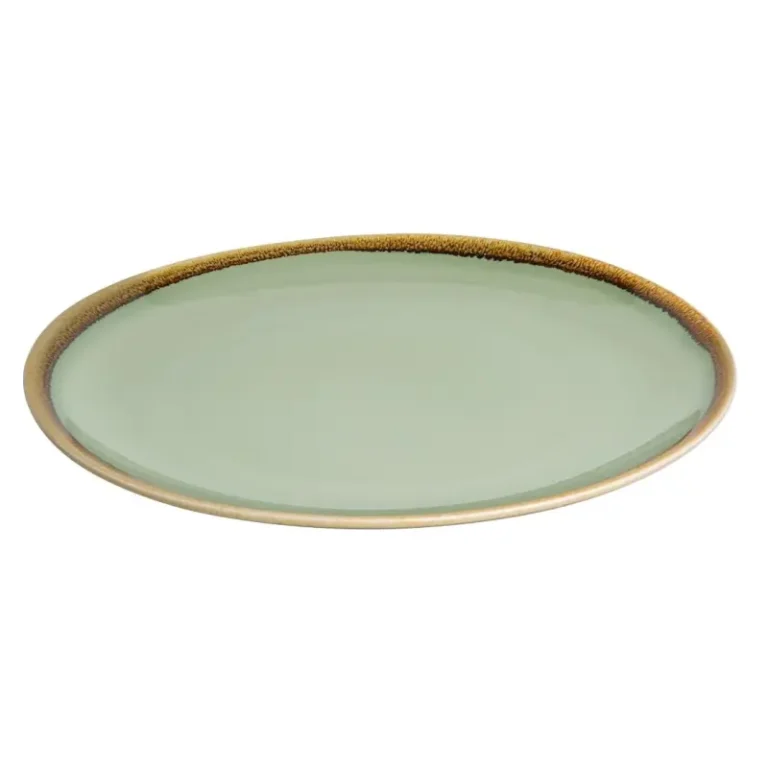 Assiettes plates rondes Olympia Kiln coloris mousse 280 mm en porcelaine à bord peint main, lot de 4