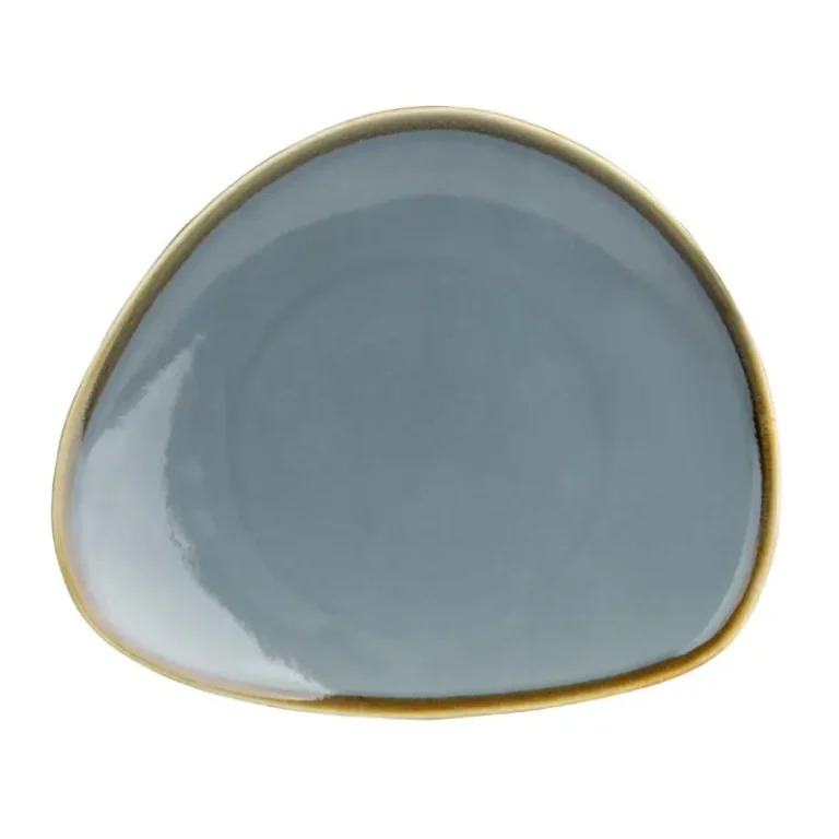 Assiettes triangulaires Olympia Kiln coloris océan 165 mm en porcelaine émail réactif, lot de 6