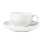 Tasse à espresso Olympia Whiteware posée sur sa soucoupe