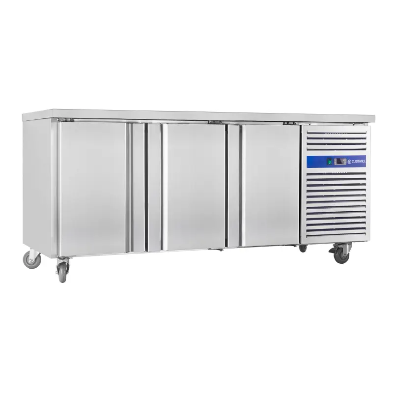 Desserte pâtissière réfrigérée CUISTANCE 485 L Desserte pâtissière réfrigérée CUISTANCE inox 485 L, plan de travail 2025 mm, sur roues
