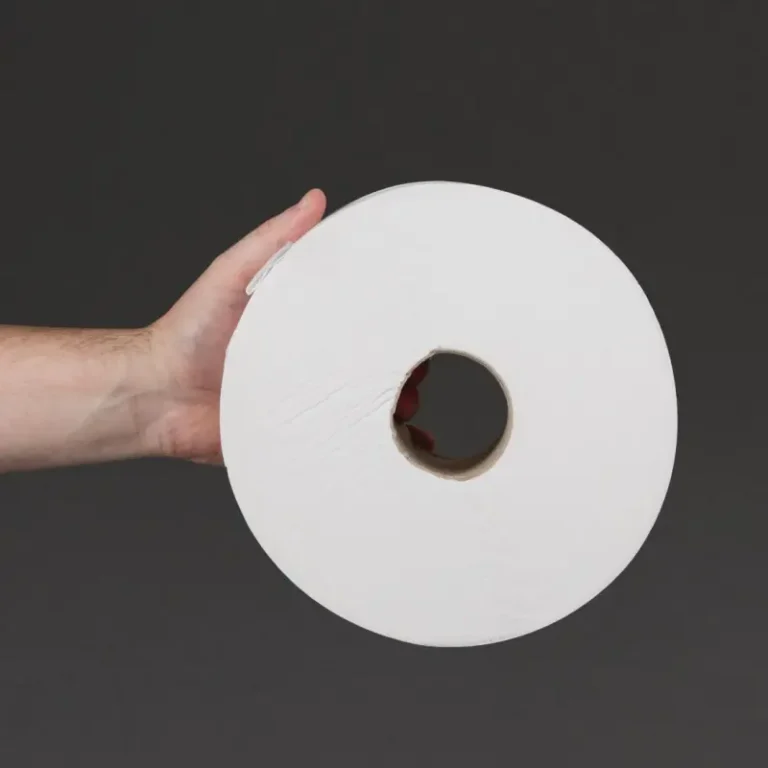 Rouleau de papier toilette Jumbo Jantex tenu en main