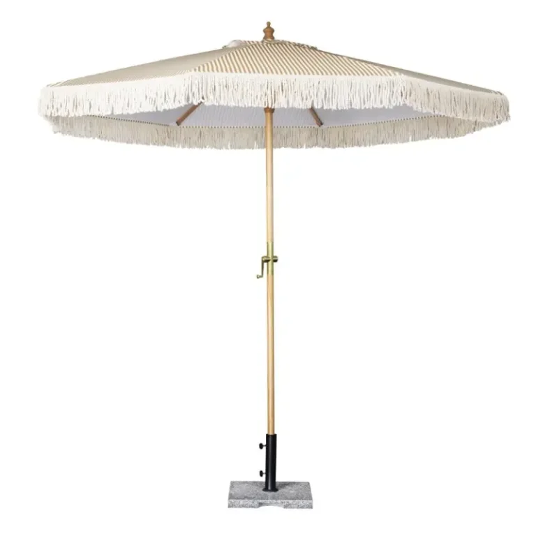 Parasol rond à rayures Bolero Sicile – FU508 – 2,5m – Crème – Polyester 245g/m² – Frangé
