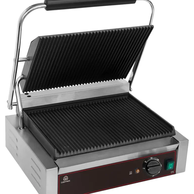 Machine à panini professionnelle XL CUISTANCE inox, plaques fonte rainurées 450 x 270 mm