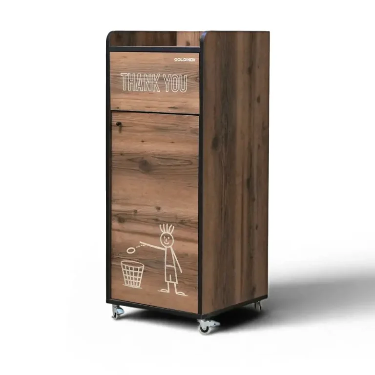 Poubelle snack GOLDINOX 100 L en bois baroque avec pictogramme THANK YOU et repose-plateaux