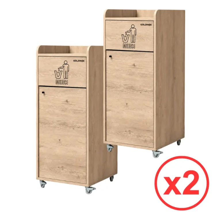 Lot de 2 poubelles snack GOLDINOX 100 L en bois chêne clair avec repose-plateaux