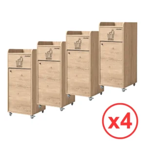 Lot de 4 poubelles snack GOLDINOX 100 L en bois chêne clair avec repose-plateaux