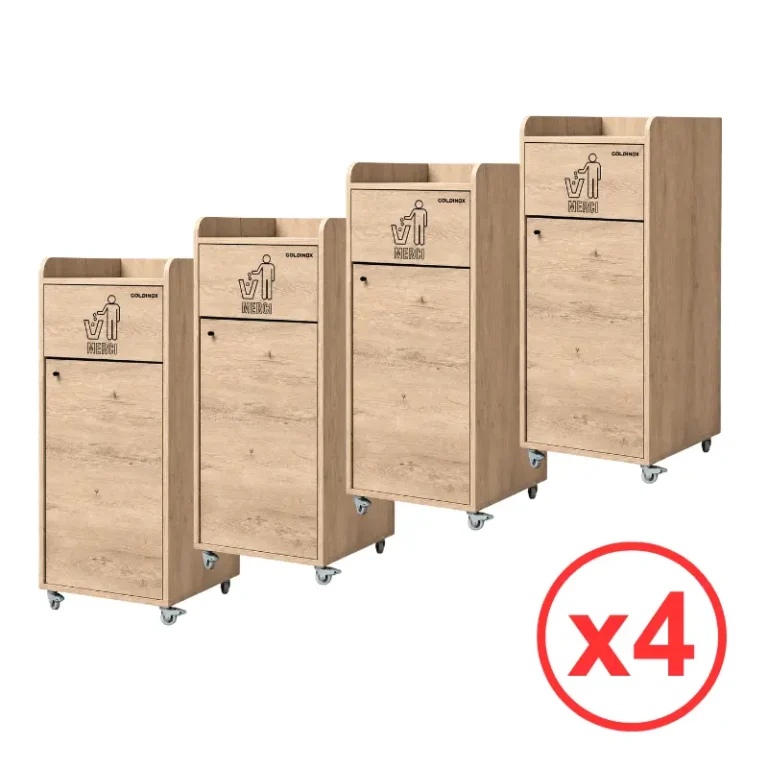 Lot de 4 poubelles snack GOLDINOX 100 L en bois chêne clair avec repose-plateaux