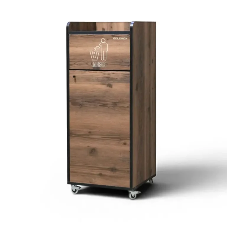 Poubelle snack GOLDINOX 100 L en bois baroque avec pictogramme MERCI et repose-plateaux