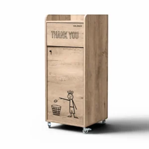 Poubelle snack GOLDINOX 100 L en bois chêne clair avec pictogramme THANK YOU et repose-plateaux