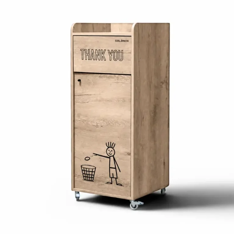 Poubelle snack GOLDINOX 100 L en bois chêne clair avec pictogramme THANK YOU et repose-plateaux