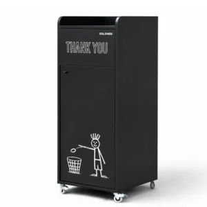 Poubelle snack GOLDINOX 100 L en bois noir avec pictogramme THANK YOU et repose-plateaux