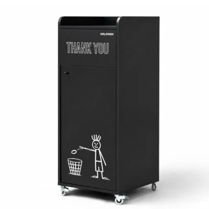 Poubelle snack GOLDINOX 100 L en bois noir avec pictogramme THANK YOU et repose-plateaux