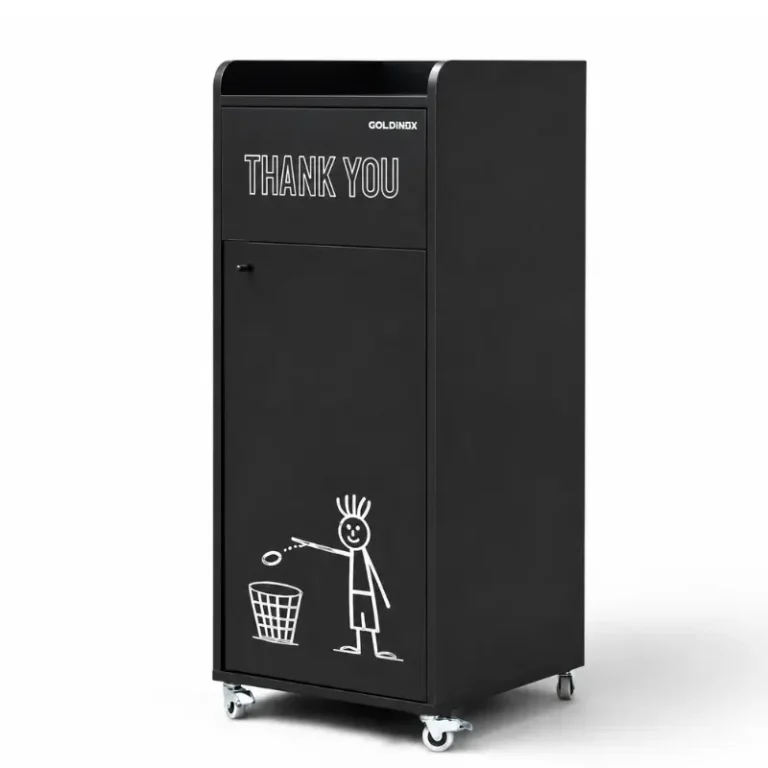 Poubelle snack GOLDINOX 100 L en bois noir avec pictogramme THANK YOU et repose-plateaux