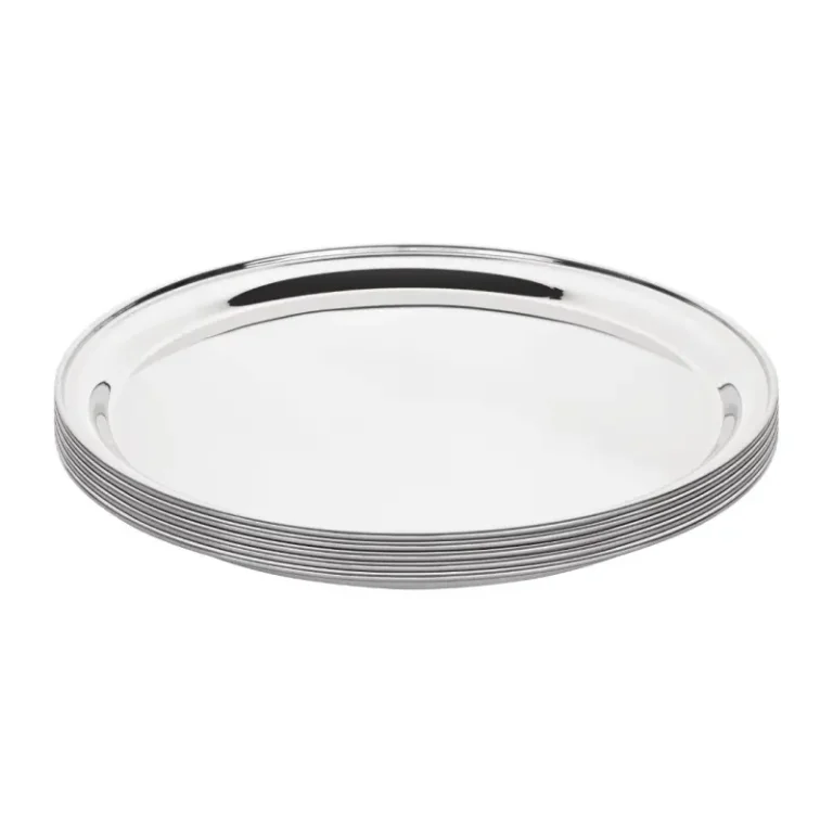 Plateau rond inox Olympia J828 vu de profil, bord relevé