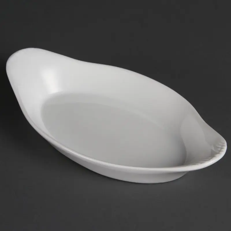 Plats ovales à oreilles blancs Olympia Whiteware 230 x 130 mm en porcelaine, lot de 6 Plats ovales à oreilles blancs Olympia Whiteware 230 x 130 mm en porcelaine, lot de 6