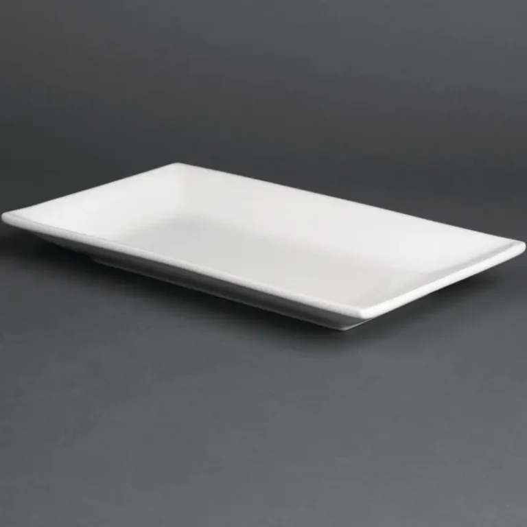 Plats rectangulaires de service Olympia 250 x 150 mm en porcelaine blanche, lot de 4