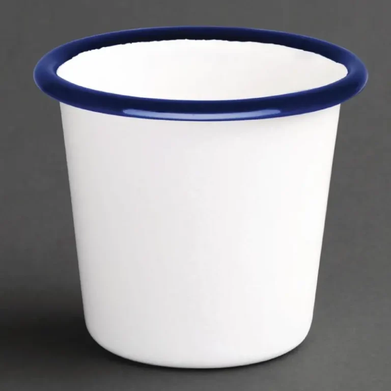 Pots à sauce en acier émaillé Olympia 114 ml blancs à bord bleu, lot de 6