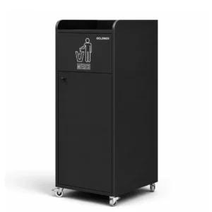 Poubelle snack GOLDINOX bois noir 100 L vue trois quarts, panneau MERCI et roulettes pivotantes