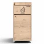 Poubelle snack chêne clair 100 L vue de face, panneau basculant et porte frontale à serrure