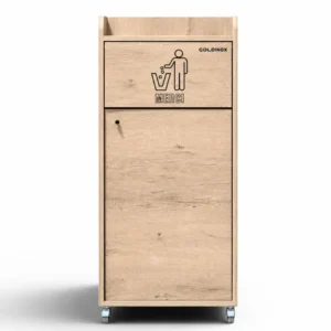 Poubelle snack chêne clair 100 L vue de face, panneau basculant et porte frontale à serrure