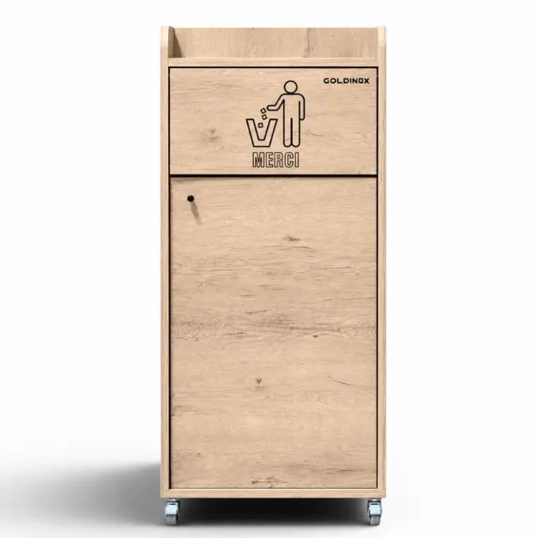 Poubelle snack chêne clair 100 L vue de face, panneau basculant et porte frontale à serrure