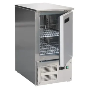 Comptoir négatif Polar Série G 88 L porte ouverte, étagère réglable et cuve inox