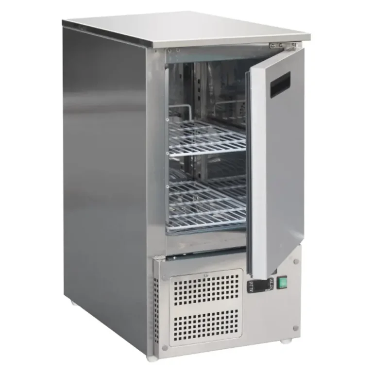 Comptoir négatif Polar Série G 88 L porte ouverte, étagère réglable et cuve inox
