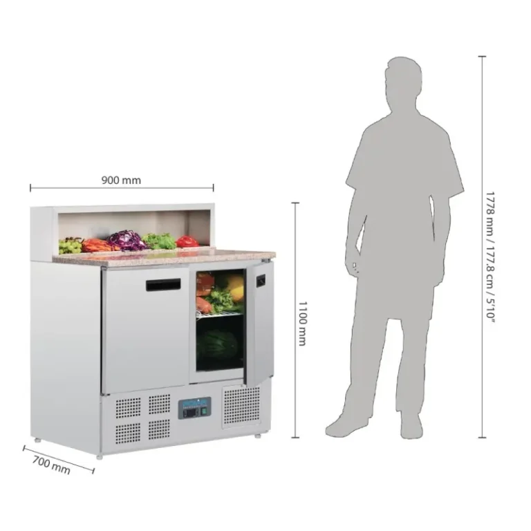 Zone de garniture du comptoir à pizzas Polar Série G avec ses cinq bacs GN 1/6 sous écran
