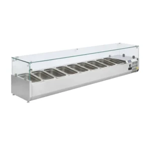 Saladette réfrigérée à poser Polar Série G 9 bacs GN 1/3 en inox avec pare-haleine verre